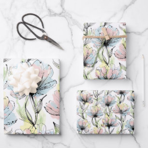 3 Sizes Abstract Alcohol Wash Pen Ink Flowers Wrapping Paper Sheet