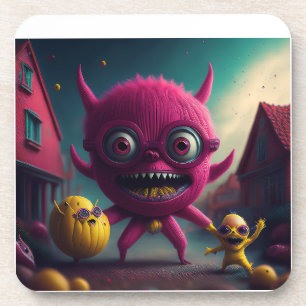 3 Small Monsters Scroll Through The Village Coaster