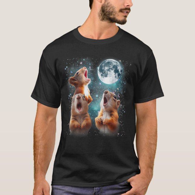 3 Squirrel Moon Howling Squirrel Head Funny T-Shirt (Front)