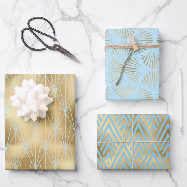 3 Styles of Gold, Teal & Light Blue Art Deco Wrapping Paper Sheet (Front)