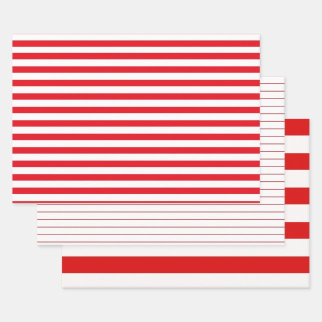 3 Styles Thick Thin Red White Stripes Christmas Wrapping Paper Sheet (Set)