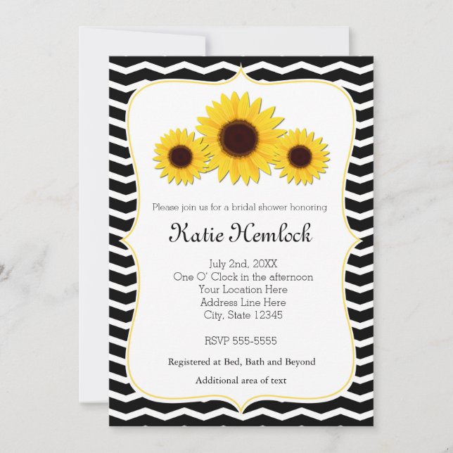 3 Sunflowers Black & White Chevron Invitation (Front)