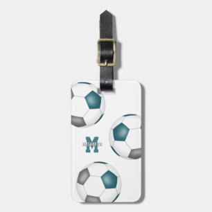 3 teal grey white soccer balls girls sports luggage tag