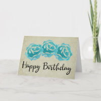 3 Teal Watercolor Roses on Tan Damask Birthday