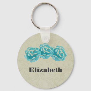 3 Teal Watercolor Roses on Tan Damask Custom Key Ring