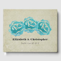3 Teal Watercolor Roses on Tan Damask Pattern