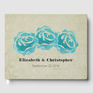 3 Teal Watercolor Roses on Tan Damask Pattern Guest Book