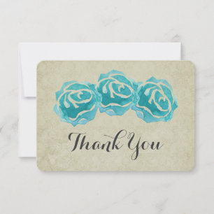 3 Teal Watercolor Roses on Tan Damask Thank You