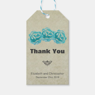 3 Teal Watercolor Roses on Tan Damask Wedding Gift Tags
