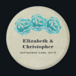 3 Teal Watercolor Roses on Tan Damask Wedding Magnet<br><div class="desc">A personalised wedding magnet. With a simple trio of teal roses painted with watercolors.  Background is a faded tan damask pattern. Personalise with your names and wedding date.</div>