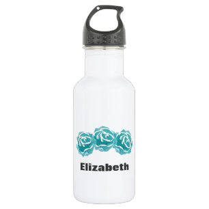 3 Teal Watercolor Roses Personalised 532 Ml Water Bottle