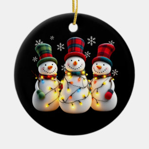 3 Three Snowmen Family Christmas With Xmas Lights  Ceramic Tree Decoration