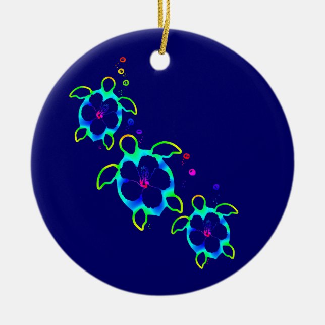 3 Tie Dyed Honu Turtles Ceramic Tree Decoration (Front)