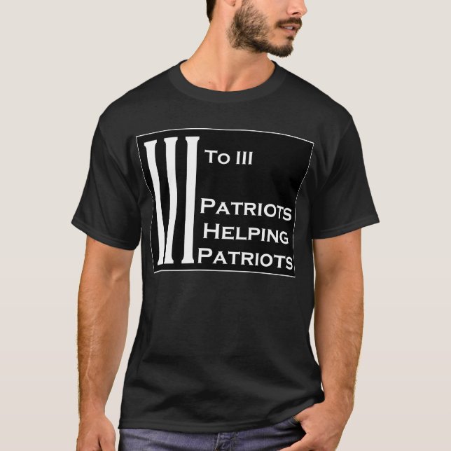 3 to 3 Patriots Helping Patriots Black with border T-Shirt (Front)