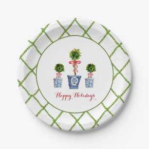 3 Topiaries & Trellis border Happy Holiday Paper Plate