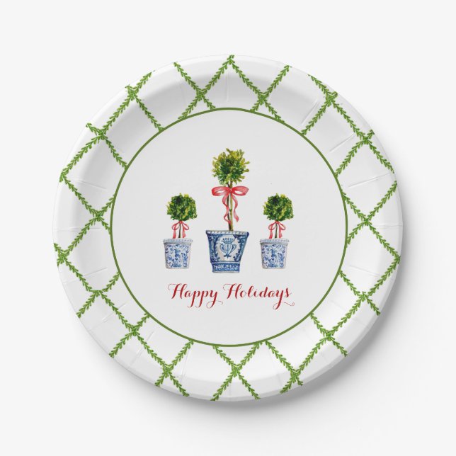3 Topiaries & Trellis border Happy Holiday Paper Plate (Front)