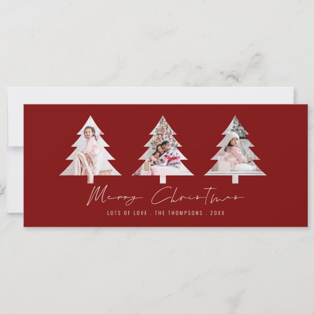3 Tree Shape Photos Burgundy Merry Christmas Holiday Card (Front)