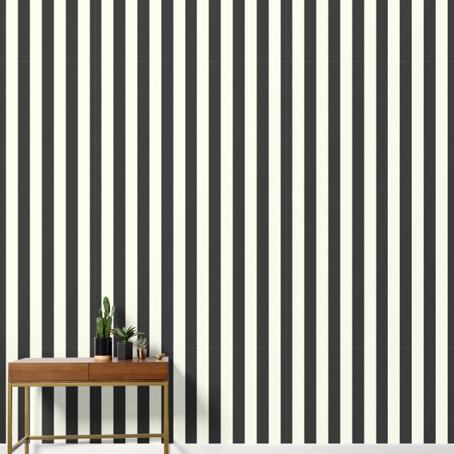 3" Vertical Stripe Charcoal Black & Ivory White Wallpaper (Hallway)
