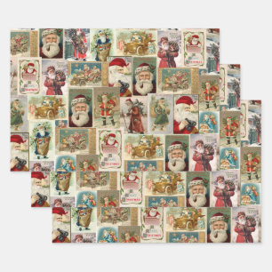 3 Vintage Christmas Santa Wrapping Paper Sheets