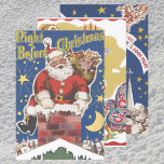 3 Vintage Santas from Twas Night Before Christmas Wrapping Paper Sheet<br><div class="desc">3 different vintage illustration Christmas holiday designs from the story book "Twas the Night Before Christmas." The first design is the cover art featuring a jolly Santa Claus climbing down the chimney with a sack full of toys on Christmas Eve with bright, twinkling, yellow stars in the sky. The middle...</div>