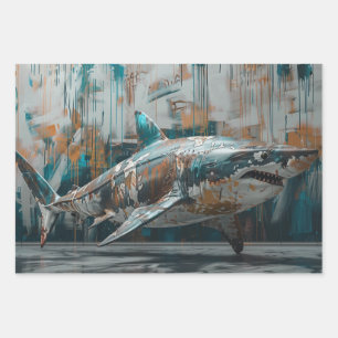 3 Whimsical Graffiti Sharks Decoupage  Wrapping Paper Sheet