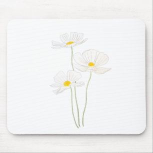 3 white cosmos flowers ink and watercolor mouse pad