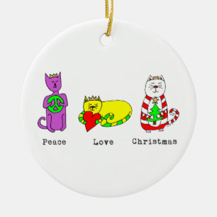 3 Wise Cats - Peace, Love, Christmas - Holiday Ceramic Tree Decoration