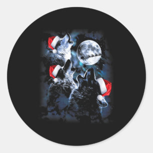 3 Wolves Howling Under Moon Christmas Santa Wolf L Classic Round Sticker