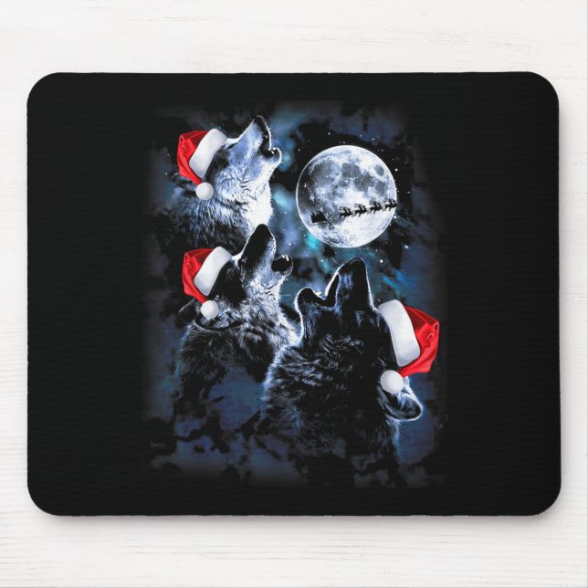3 Wolves Howling Under Moon Christmas Santa Wolf L Mouse Pad (Front)