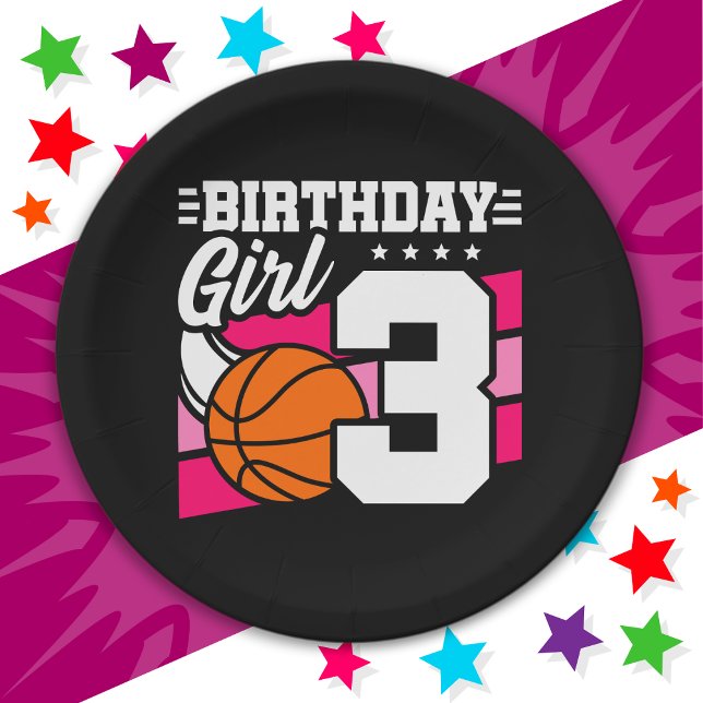 3 Year Old Basketball Party 3rd Birthday Girl Paper Plate (Creator Uploaded)