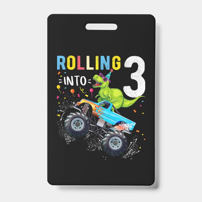 3 Year Old Birthday Dinosaur Monster Truck Family  ID Badge (Front)