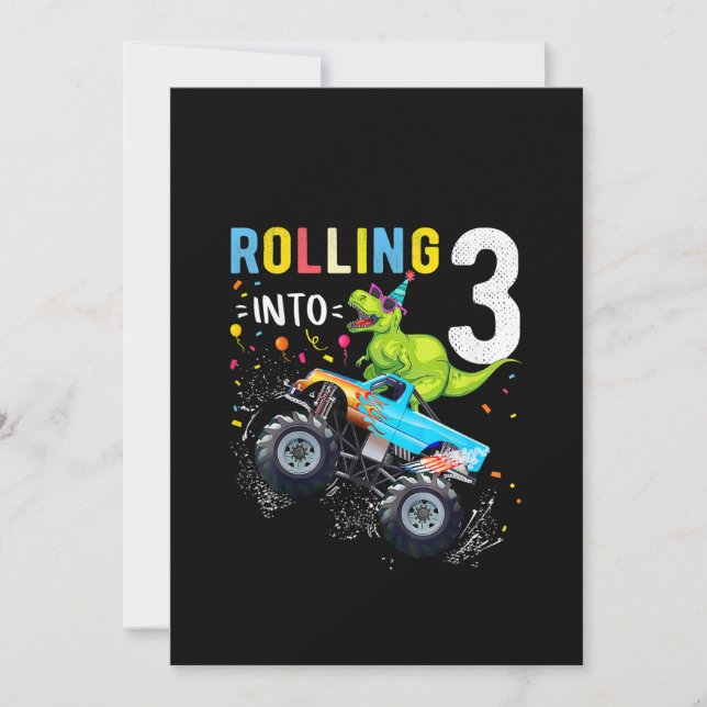 3 Year Old Birthday Dinosaur Monster Truck Family  Invitation (Front)
