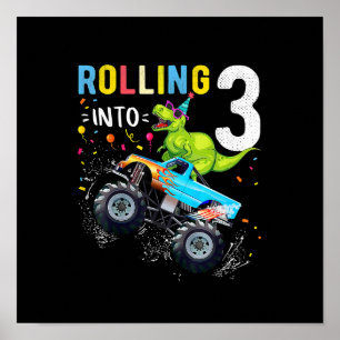 3 Year Old Birthday Dinosaur Monster Truck Family  Poster