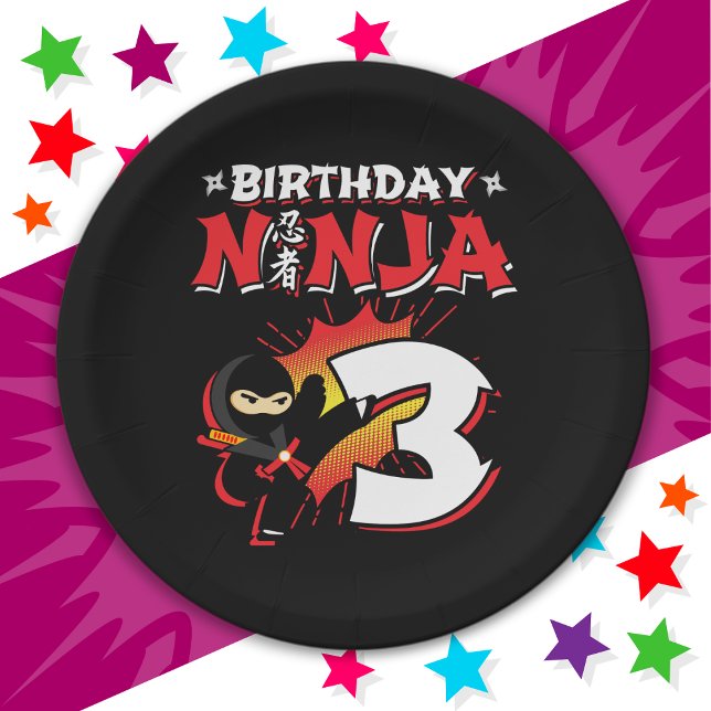3 Year Old Comic Book Style Ninja 3rd Birthday Paper Plate (Creator Uploaded)