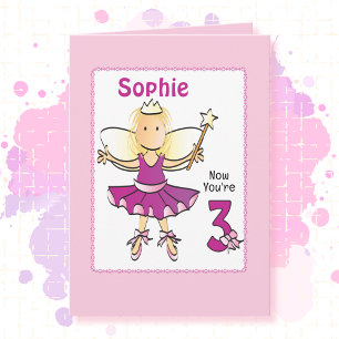 3 Year Old Cute Ballerina Cartoon Pink Birthday   Card