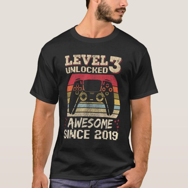 3 Year Sold  Gamer Boy Birthday 3 Level Unlocked 2 T-Shirt (Front)
