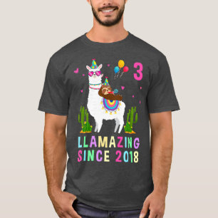 3 Years Old 3rd Birthday Sloth Riding Llama Kids T-Shirt