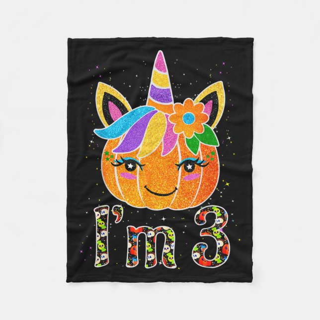 3 Years Old Unicorn Pumpkin Cute Design Birthday H Fleece Blanket (Front)