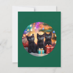 3 Young Blue Eyed Black Kittens Christmas Scene Invitation