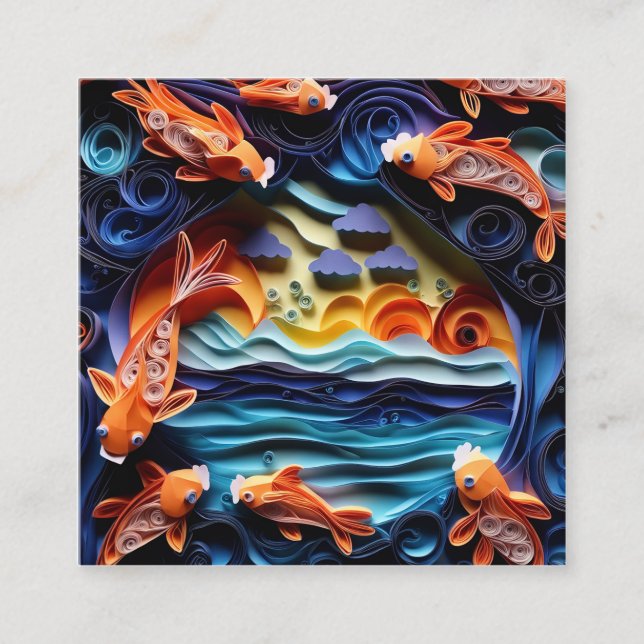 3D A colourful illustration of lake with koi fish Square Business Card (Front)