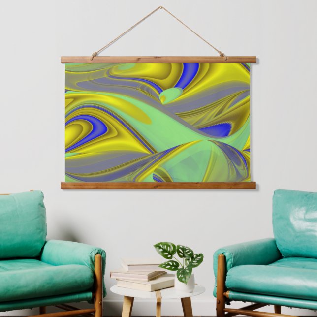 3D Abstract in Gold Yellow Blue Green Hanging Tapestry (Living Room)