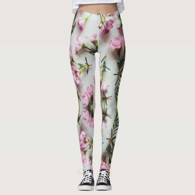 3D Adenium pink pattern on white background Leggings (Front)