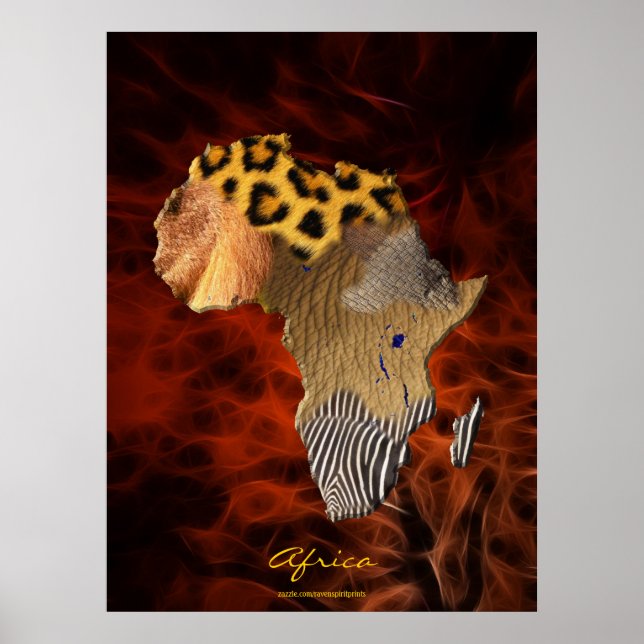 3D AFRICAN Wildlife Map Red Fractal Art Poster (Front)