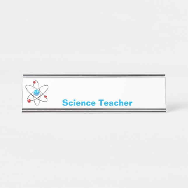 3D atom with blue core science teacher Desk Name Plate (Front)