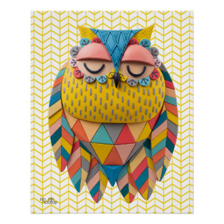 3D Aztec Owl Tribal Bird Patterned Illustration Poster