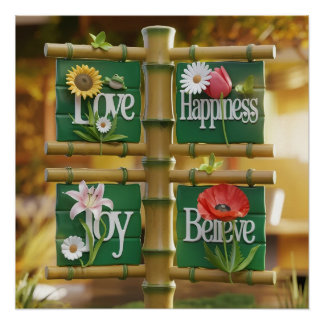 3D Bamboo Panels with Floral Motifs & Green Leave Poster