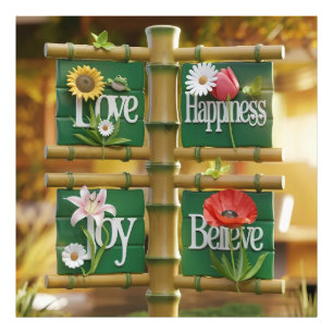 3D Bamboo Panels with Floral Motifs & Green Leaves Photo Print