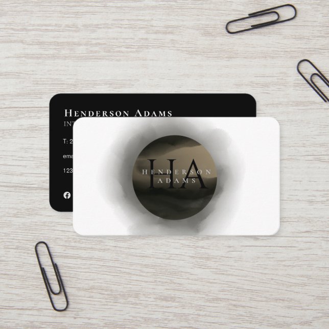 3D Black and Golden Watercolor Monogram Logo Business Card (Front/Back In Situ)