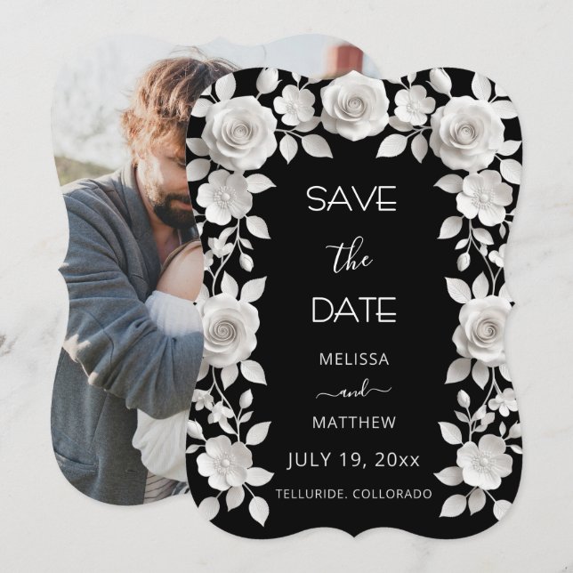 3D Black And White Roses Save The Date Card (Front/Back)