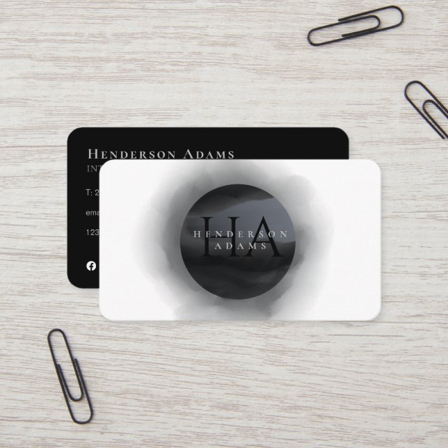 3D Black and White Watercolor Monogram Logo Business Card (Front/Back In Situ)